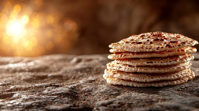  A stack of crackers atop a wooden board, near a sunset backdrop with a bokeh of light in the distance