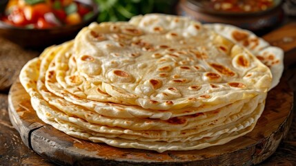  A stack of tortillas on a wooden cutting board Nearby, bowls of tomatoes and lettuce sit on a wooden table