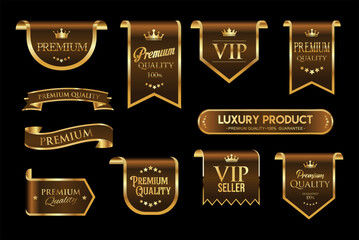 Sticker - Golden luxury labels and badges premium quality certificate ribbons vector illustration 