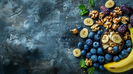  A bowl of blueberries, bananas, and walnuts