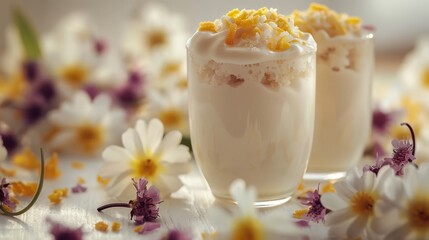  A close-up of two glasses on a table, surrounded by daisies in the background and foreground