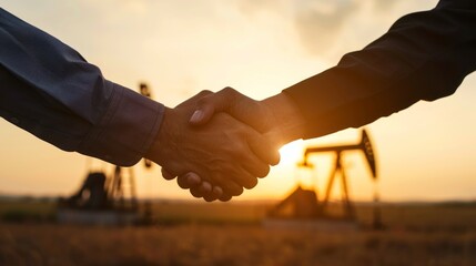 Two men shake hands in front of a gas well