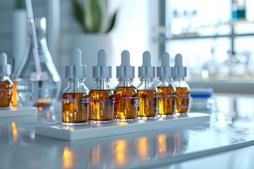 Poster - Close-up of glass bottles with amber liquid in a sterile laboratory setting. Generative AI