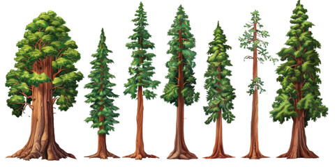 A digital illustration of seven redwood trees of varying heights, depicted on a white background