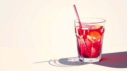 Artistic illustration of a refreshing red drink with ice cubes and a citrus slice, served in a glass with a straw, set against a clean, light background