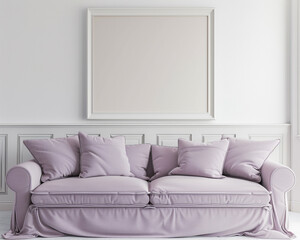 Wall Mural - A serene living room featuring a muted lavender sofa and a pristine white frame on the wall, offering tranquility.