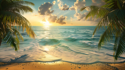 Wall Mural - A serene tropical beach at sunrise, with golden sands and turquoise waters, framed by palm trees.