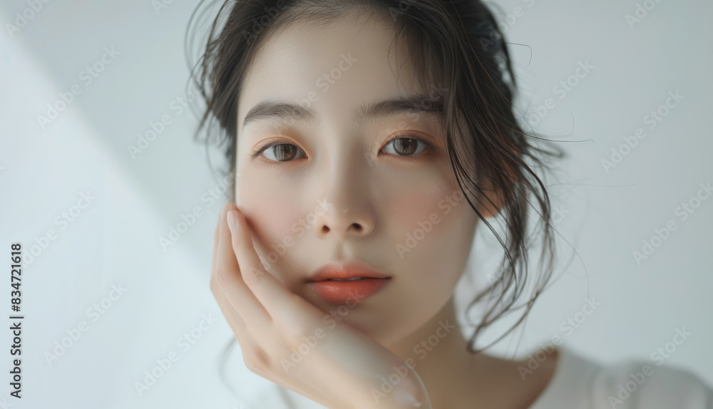 Portrait of beautiful young asian woman with clean fresh skin on white ...
