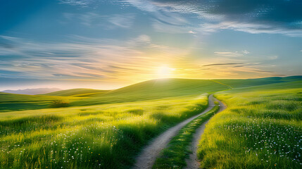 Poster - Picturesque winding path through a green grass field in hilly area in morning at dawn against blue sky with clouds. Natural panoramic spring summer landscape.