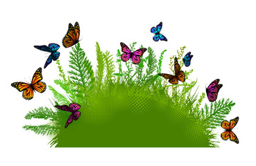 Wall Mural - Silhouette of grass and leaves with butterflies. Hand drawing. Not AI. Vector illustration
