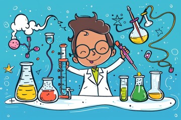 Wall Mural - Cartoon cute doodles of a scientist in a lab coat conducting experiments with beakers, Generative AI 