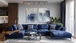 © touseef - Cozy scandinavian apartment living room with dark blue sofa and recliner chair, modern interior design elements