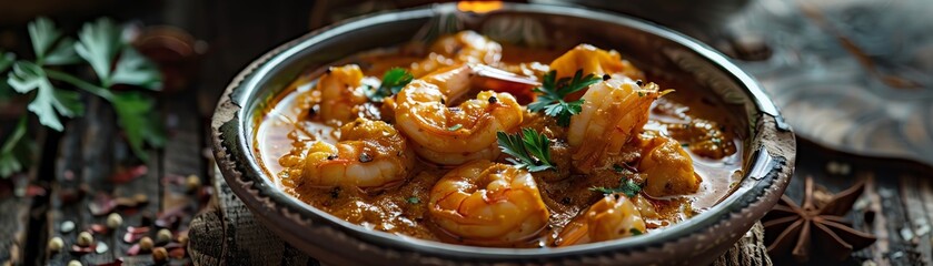 Wall Mural - Prawn curry, spiced prawn curry with coconut milk, served in a traditional bowl with a coastal Indian village scene