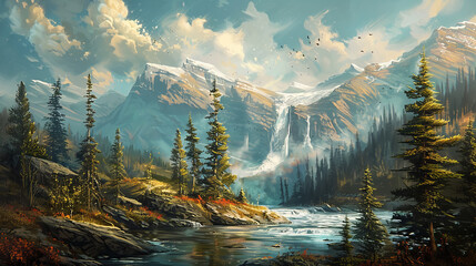 Illustration of a stunning landscape of a mountain lake and forest against the backdrop of beautiful mountains with snow-capped peaks.