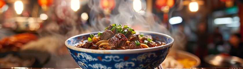 Taiwanese beef noodle soup with tender beef chunks and rich broth, served in a traditional bowl with a bustling Taipei night market backdrop