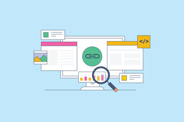 Wall Mural - website link analysis tool. seo link building strategy. analysis of website backlinks for seo. vecto
