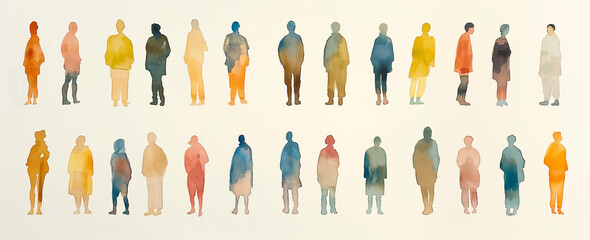 a watercolor painting of people standing in different colors
 