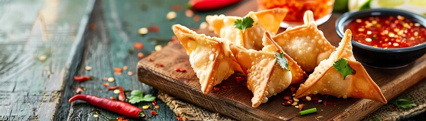 A plate of delicious wontons with a sweet and spicy chili sauce.