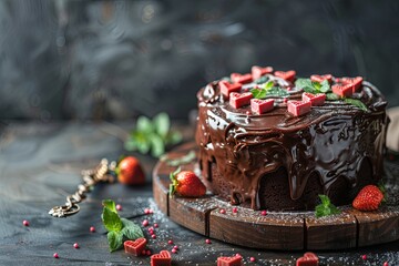 Wall Mural - Heart on the top of cupcake with  strawberry,selective focus and valentines day concept . on a black stone table. holiday, anniversary, mother's day, women's day, father's day. cope space