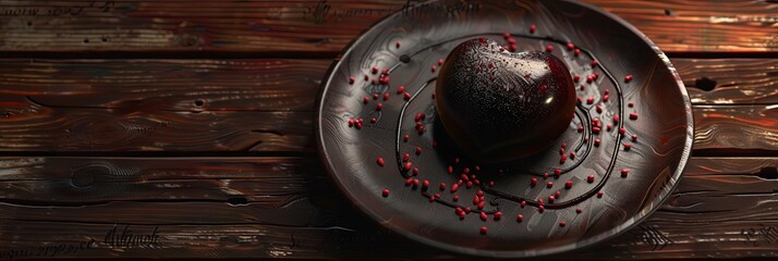 Wall Mural - Heart on the top of  chocolate cake,selective focus and valentines day concept . on a black stone table. holiday, anniversary, mother's day, women's day, father's day. cope space