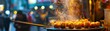 © GoodRNG - A dynamic street food scene with takoyaki balls being turned on a hot, circular takoyaki grill, captured with vibrant street lights in the background
