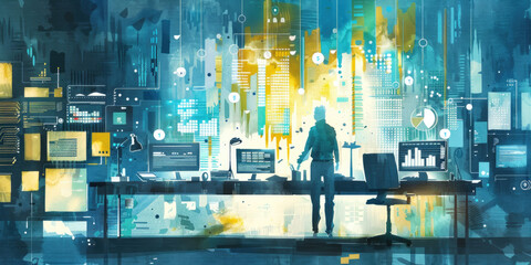 Wall Mural - A person stands at a desk in front of a wall filled with digital data visualizations, symbolizing the modern workplace and data-driven decision making