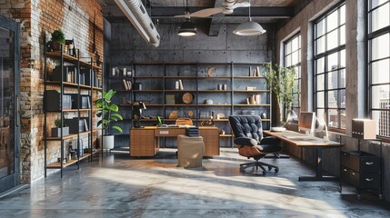 Contemporary industrial loft office interior design, 3d render - business concept.

