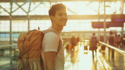 Portrait of a happy young man solo traveler with a backpack inside an airport terminal , backpacker going to an new adventure concept image