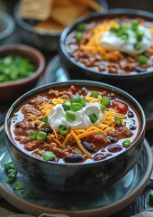 Wall Mural - Chili - Bowl of chili with cheese, sour cream, and green onions.