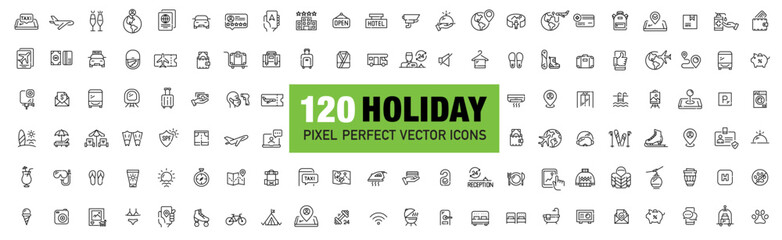 120 holiday and travel 48 x 48 pixels icons set. Air flights, camping, trekking, beach relax and winter mountain active vacations. Pixel perfect, editable stroke