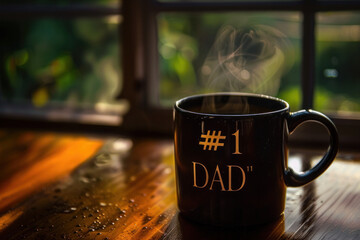 Number 1 Dad Mug with Steam on a Wooden Table by the Window