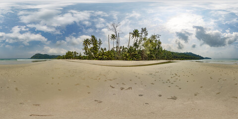 Wall Mural - 360 panorama of tropical island with palm trees on sandy beach in ocean or sea on sunny day.