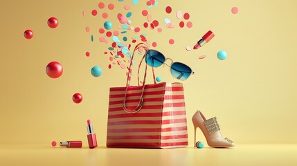 Wall Mural - Casual accessories and shopping bag falling on beige background, including sunglasses, shoes, lipstick.