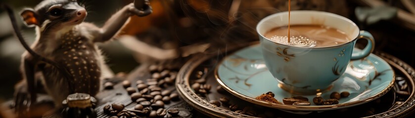 Sticker - Kopi Luwak, coffee made from beans digested by civets, served in a fine porcelain cup, Indonesian coffee plantation