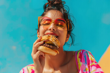 young indian woman eating burger