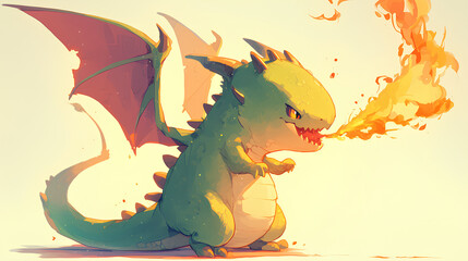 Wall Mural - cute baby dragon spitting fire with a simple background