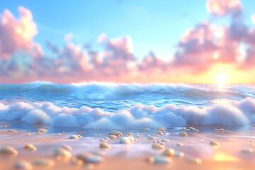 Wall Mural - A beautiful beach scene with a pink and blue sky and a large wave. The water is foamy and the sky is filled with clouds