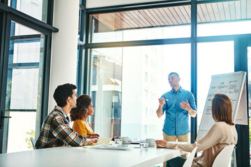 Aufkleber - Business people, man and presentation in conference room with discussion for company growth and common goals. Speaker, employee and meeting in boardroom with teamwork on corporate project and sales