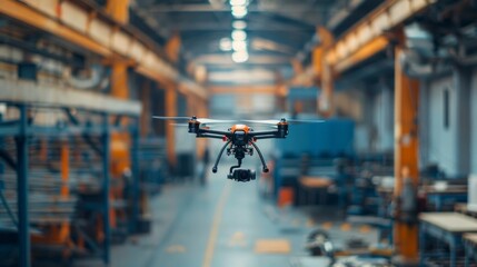 drone in factory inventory of warehouse supplies background. logistic technology concept