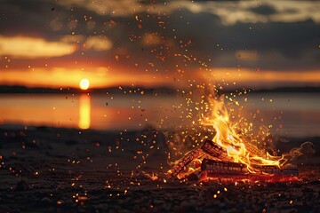 Warm and cozy bonfire on the beach at sunset, with sparks flying and a beautiful ocean backdrop.