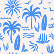 © Ann Muse - Abstract tropical seamless pattern with palm leaves, surfboard and sun. Hand drawn minimal art background. Surface cover design. Fabric textile print.