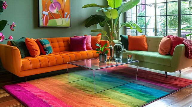 a lime green area rug with a subtle, textured pattern, placed under a glass coffee table and complem