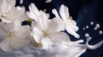 Wall Mural - A close-up of delicate white jasmine flowers with a dynamic milk splash, set against a deep navy blue background, emphasizing the contrast and purity of the flowers.