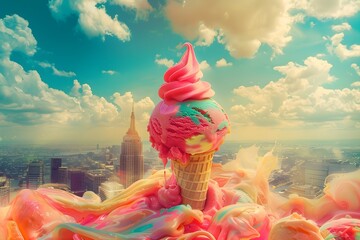 Wall Mural - A surreal, dreamlike photo of a giant ice cream scoop floating over a city landscape, with vibrant, melting swirls of flavor