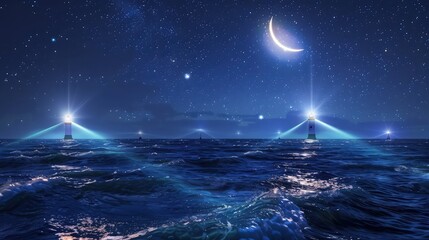 Wall Mural - A picturesque view of the moon rising over the ocean, with waves gently lapping at the shore and the moonlight reflecting off the water, creating a calm and enchanting scene.