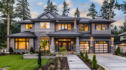 Luxury house exterior with brick and siding trim,Luxurious new construction home in Bellevue, WA. Modern style home boasts two car garage framed by blue siding and natural stone wall trim.

