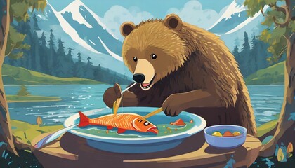 a hungry brown bear eating fish, delicious food