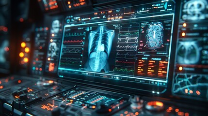 Wall Mural - A futuristic HUD hologram of a medical x-ray scan, presented in a clean, minimal style. The image includes distinct, easily readable data overlays and indicators, all rendered in a crisp, clear color