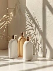 Poster - Three sleek, stylish bottles of shampoo and conditioner on a white countertop. Generative AI