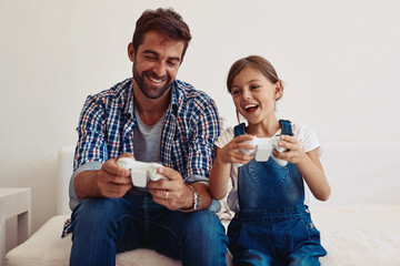 Sticker - Dad, girl and home with playing video game in sofa at living room for fun, support and child development or growth. Parent, kid and happy or smile with joystick on couch for bonding and entertainment